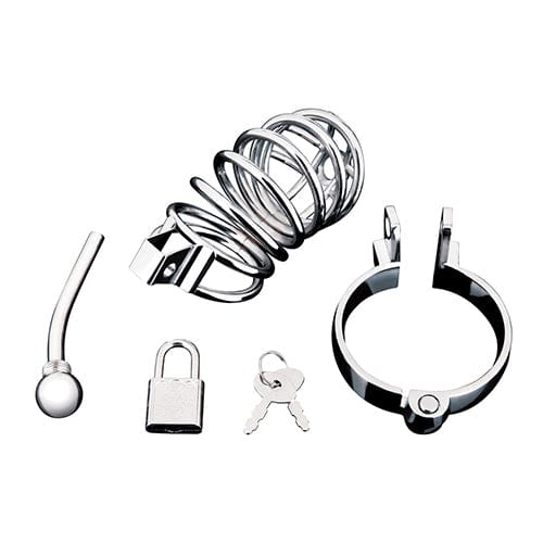 Blue Line - Urethral Play Chastity Cock Cage (Silver) - Metal Cock Cage (Non Vibration) Durio.sg