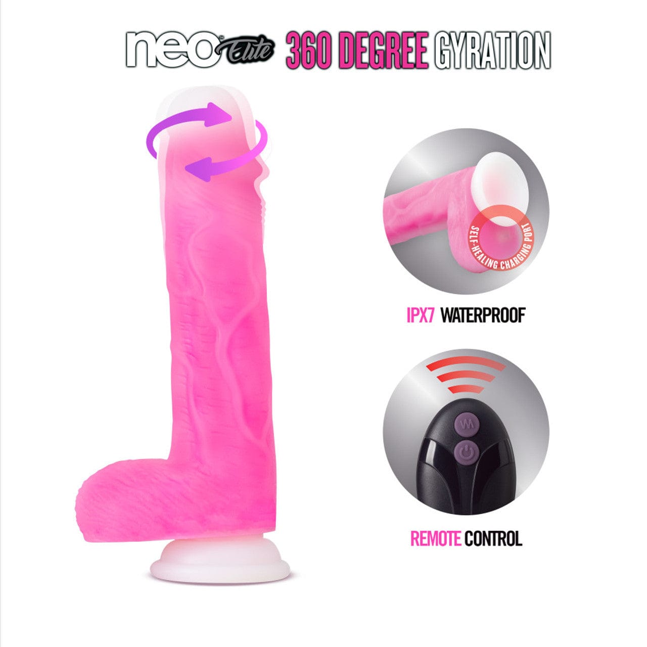Blush Novelties - Neo Elite Roxy 360 Degree Gyrating Vibrating Realistic Dildo with Balls 8.5" (Pink) - Realistic Dildo with suction cup (Vibration) Rechargeable Durio.sg