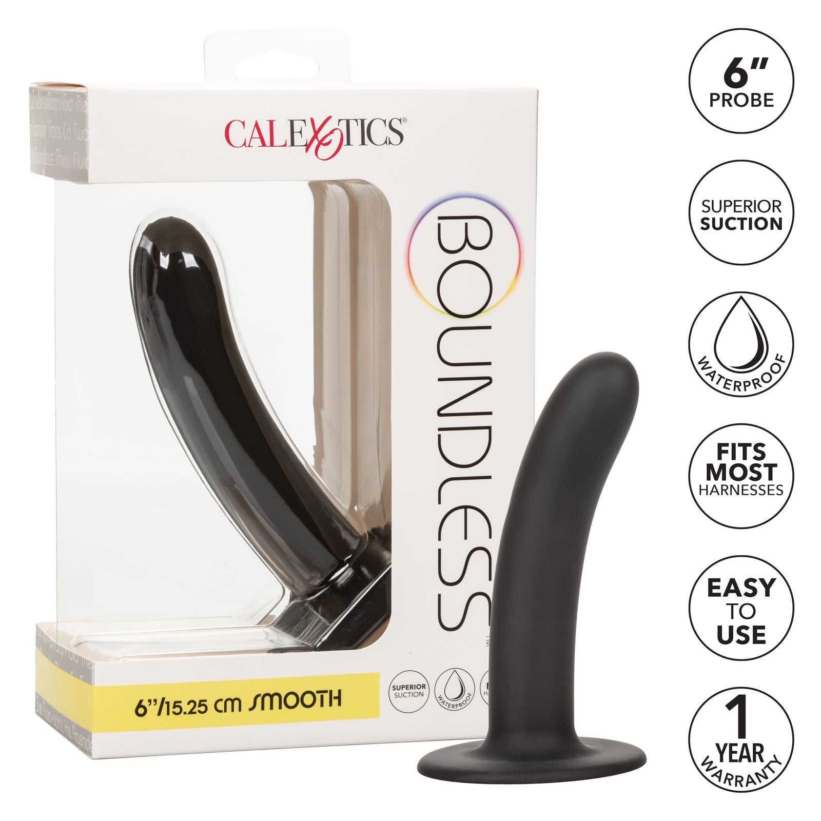 California Exotics - Boundless Smooth Pegging Probe Strap on Dildo 6" (Black) - Non Realistic Dildo with suction cup (Non Vibration) Durio.sg