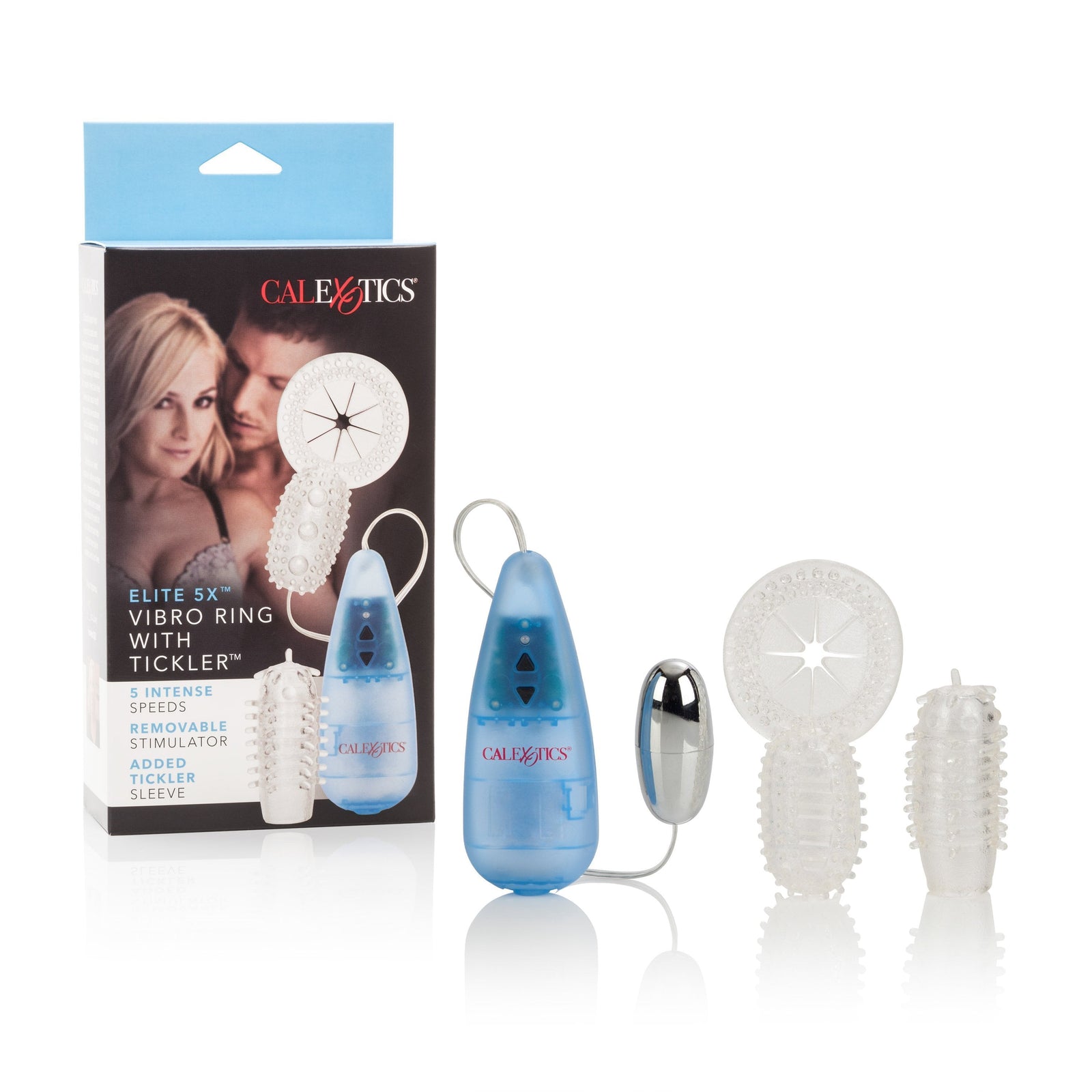 California Exotics - Elite 5X 5 Function Vibro-Ring with Tickler (Blue) - Remote Control Couple's Massager (Vibration) Non Rechargeable Durio.sg