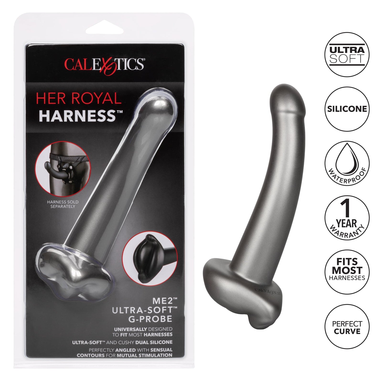 California Exotics - Her Royal Harness Me2 Ultra Soft G Probe Strap On Dildo (Black) - Non Realistic Dildo with suction cup (Non Vibration) Durio.sg