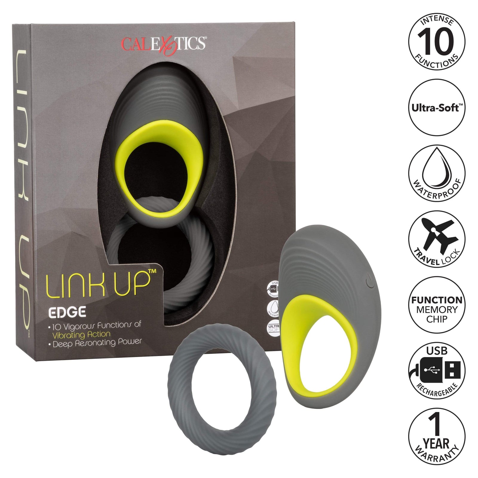 California Exotics - Link Up Edge Vibrating Cock Ring (Grey) - Silicone Cock Ring (Vibration) Rechargeable Durio.sg