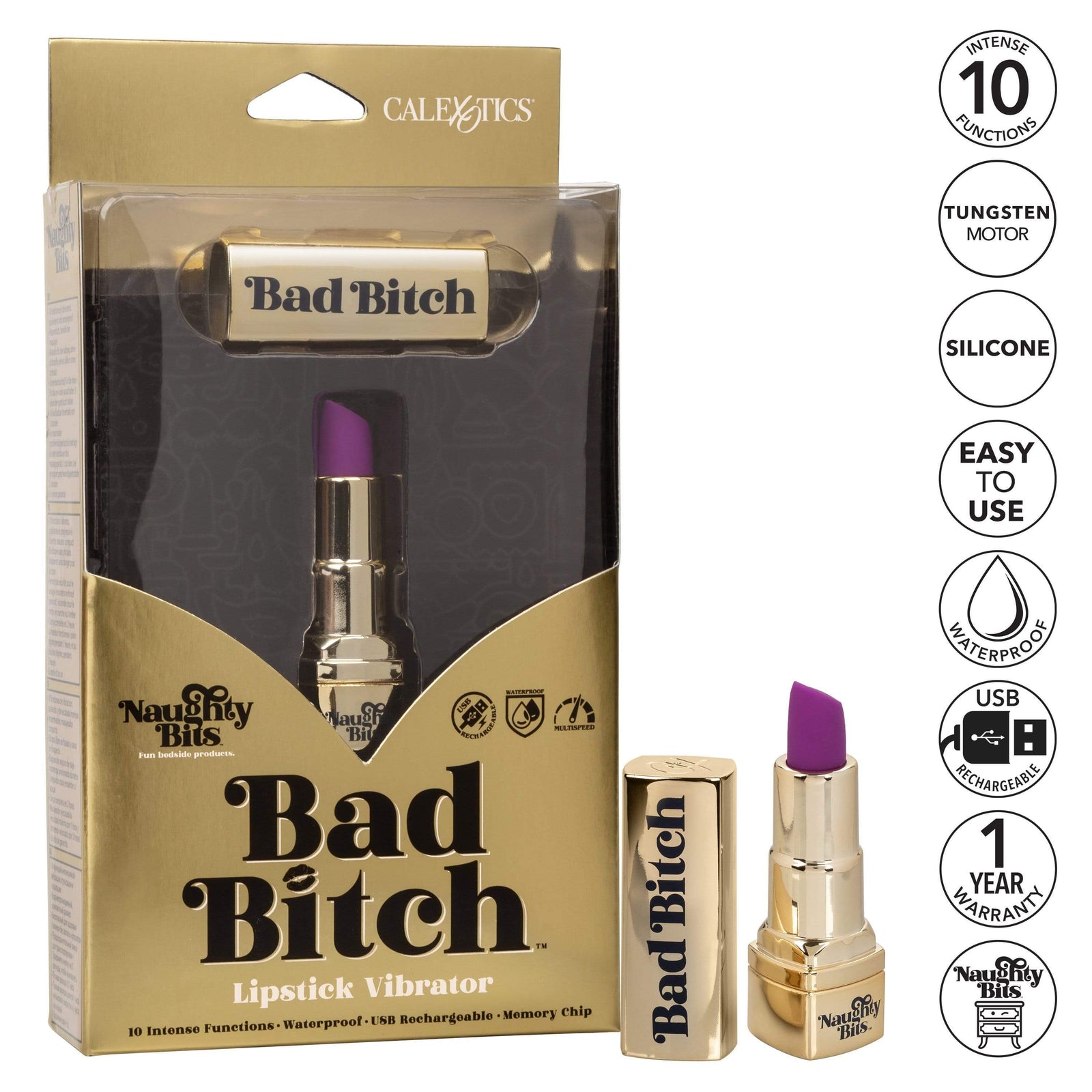 California Exotics - Naughty Bits Bad Bitch Discreet Lipstick Vibrator (Gold) - Discreet Toys Durio.sg