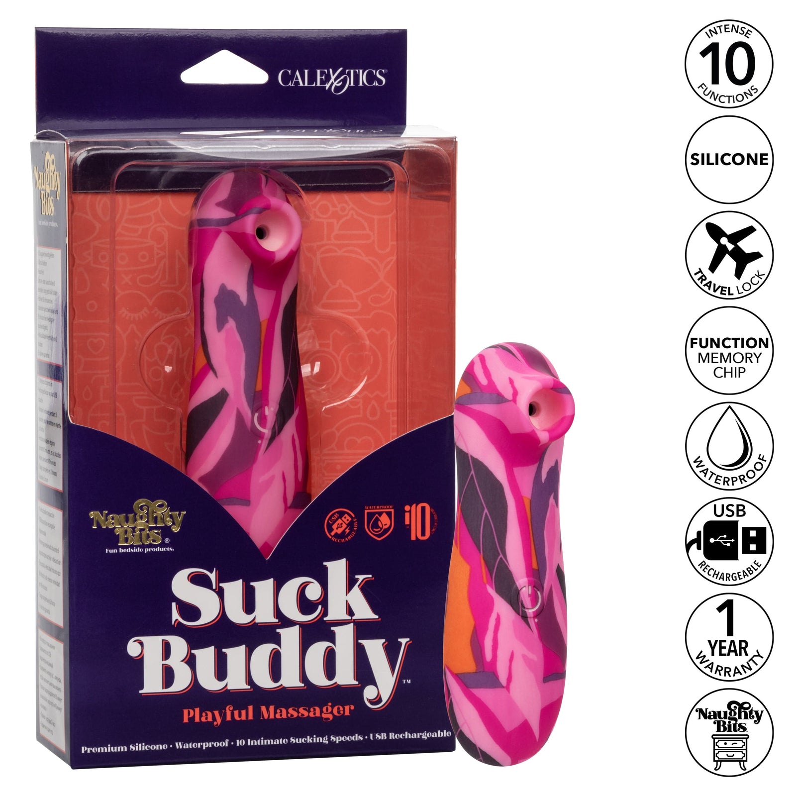 California Exotics - Naughty Bits Suck Buddy Playful Massager Clitoral Air Stimulator (Multi Colour) - Clit Massager (Vibration) Rechargeable Durio.sg
