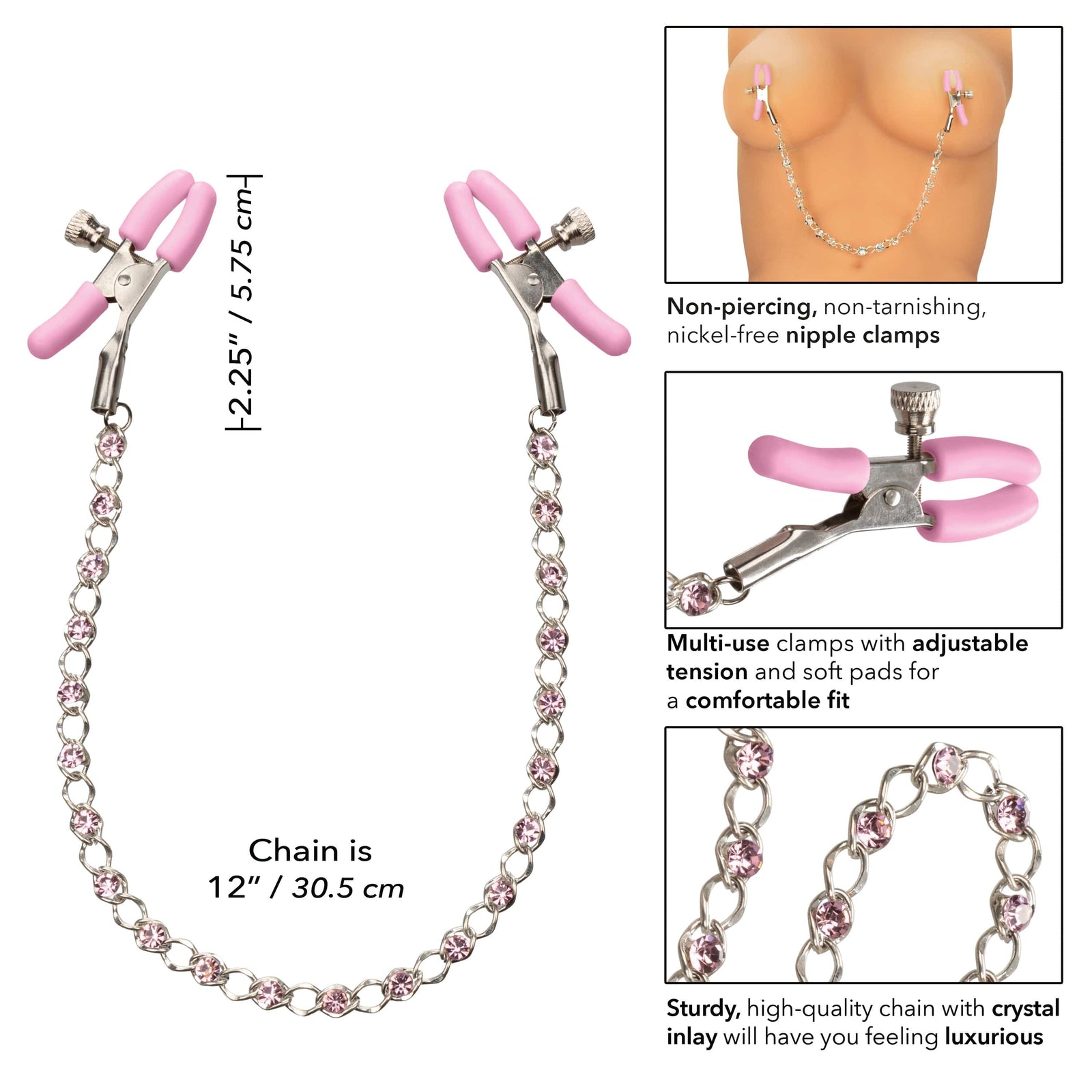California Exotics - Nipple Play Crystal Chain Nipple Clamps (Pink) - Panties Massager Remote Control (Vibration) Rechargeable Durio.sg