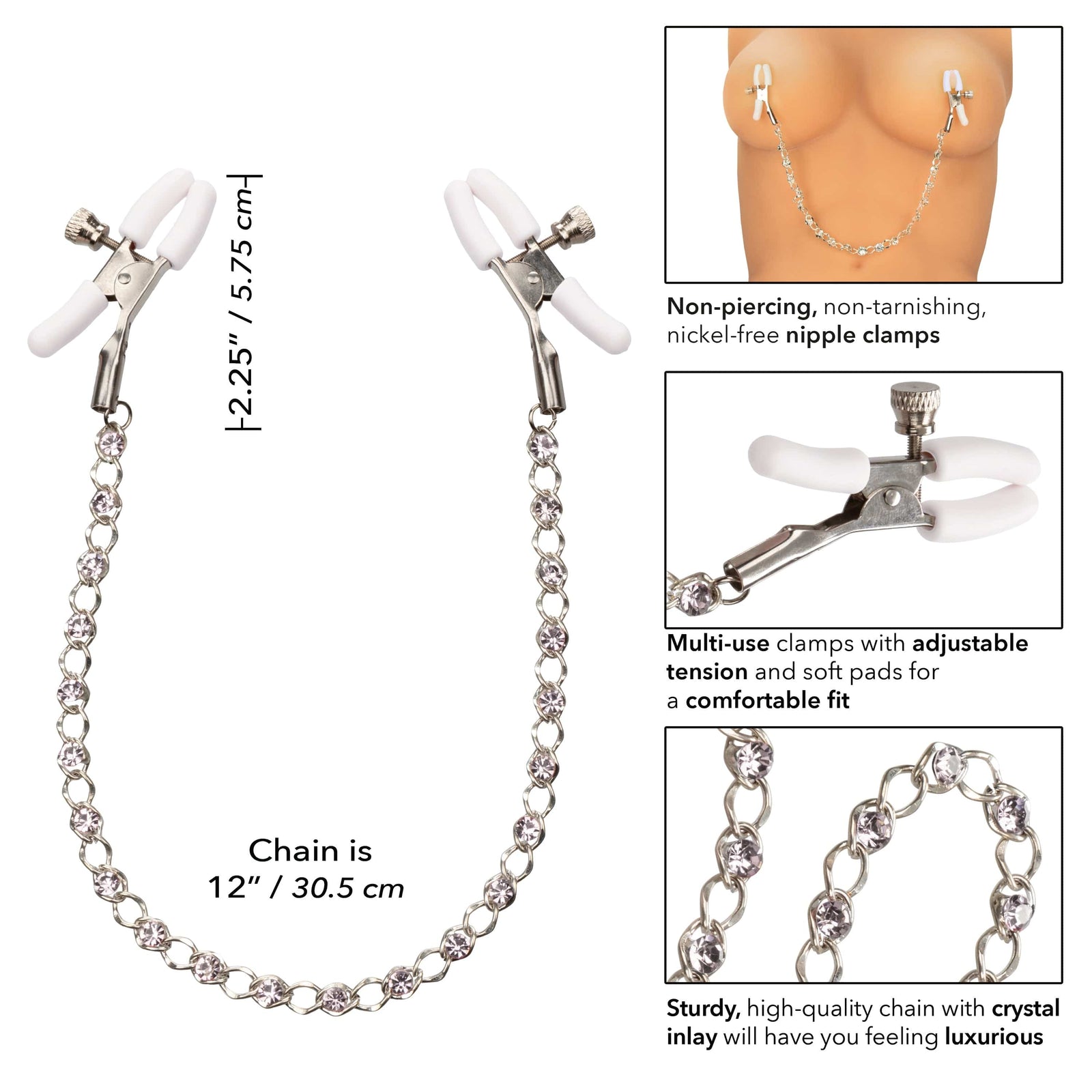 California Exotics - Nipple Play Crystal Chain Nipple Clamps (Silver) - Nipple Clamps (Non Vibration) Durio.sg