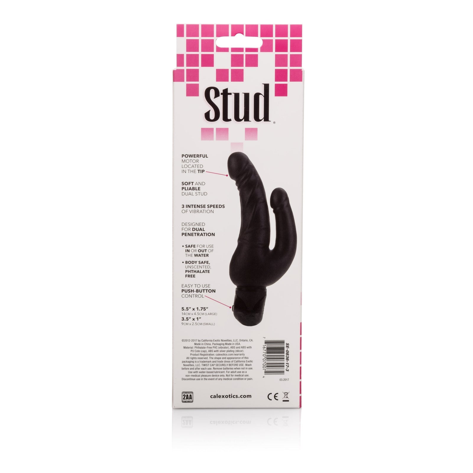 California Exotics - Power Stud Waterproof Over & Under Double Dildo Vibrator (Black) - Double Dildo (Vibration) Non Rechargeable Durio.sg