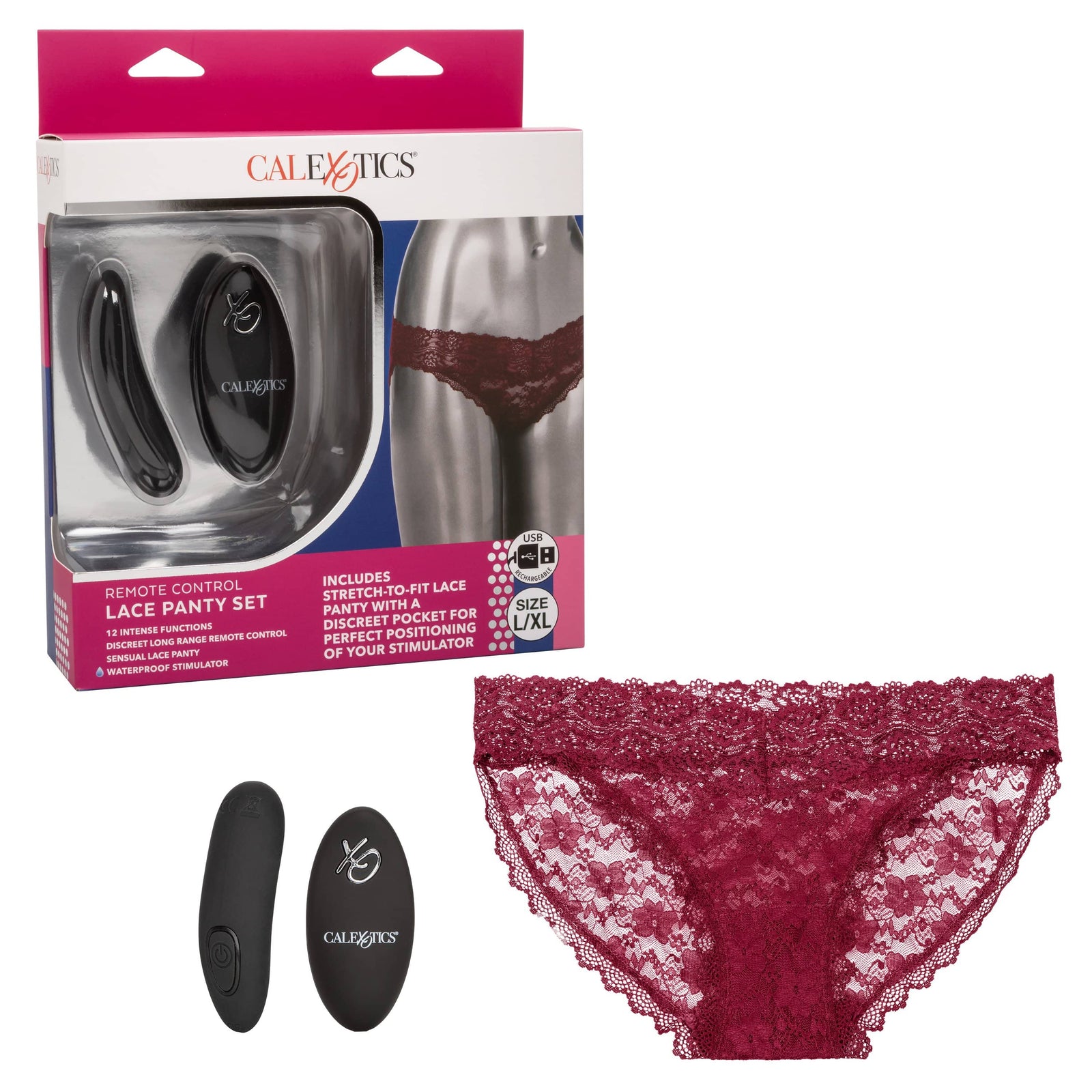 California Exotics - Remote Control Vibrating Lace Panty Set L/XL (Burgundy) - Panties Massager Remote Control (Vibration) Rechargeable Durio.sg