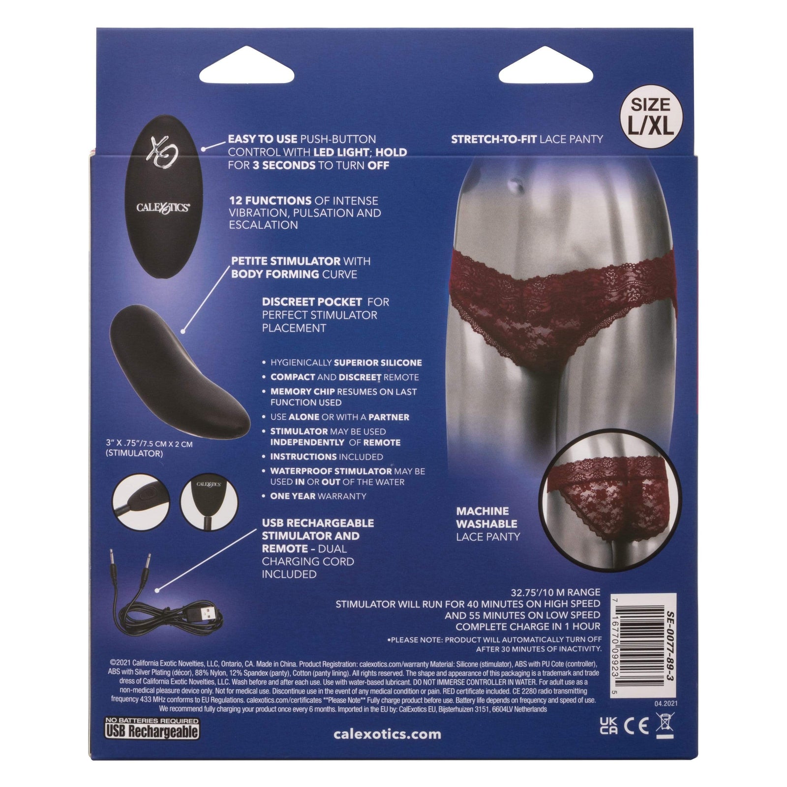 California Exotics - Remote Control Vibrating Lace Panty Set L/XL (Burgundy) - Panties Massager Remote Control (Vibration) Rechargeable Durio.sg