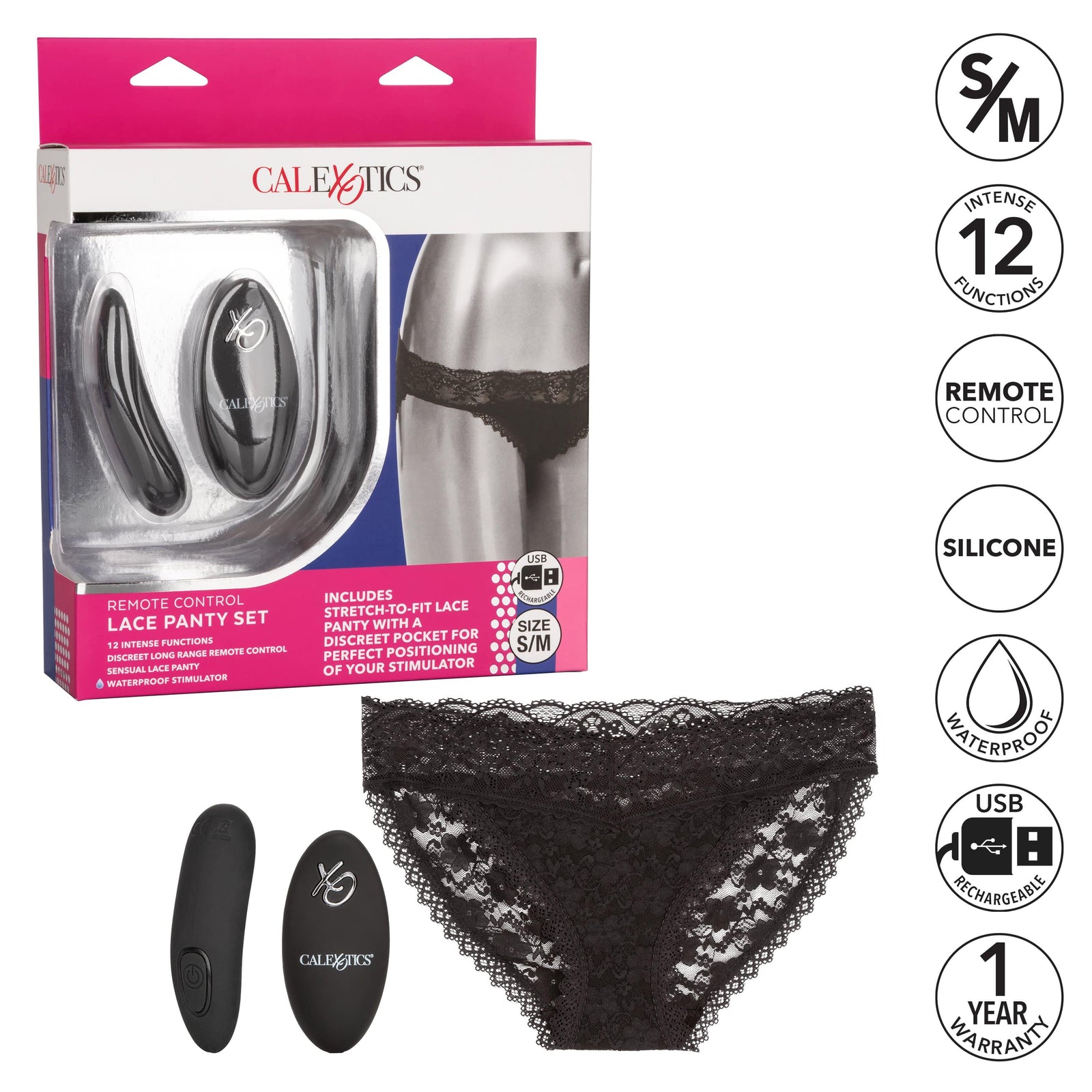 California Exotics - Remote Control Vibrating Lace Panty Set S/M (Black) - Panties Massager Remote Control (Vibration) Rechargeable Durio.sg