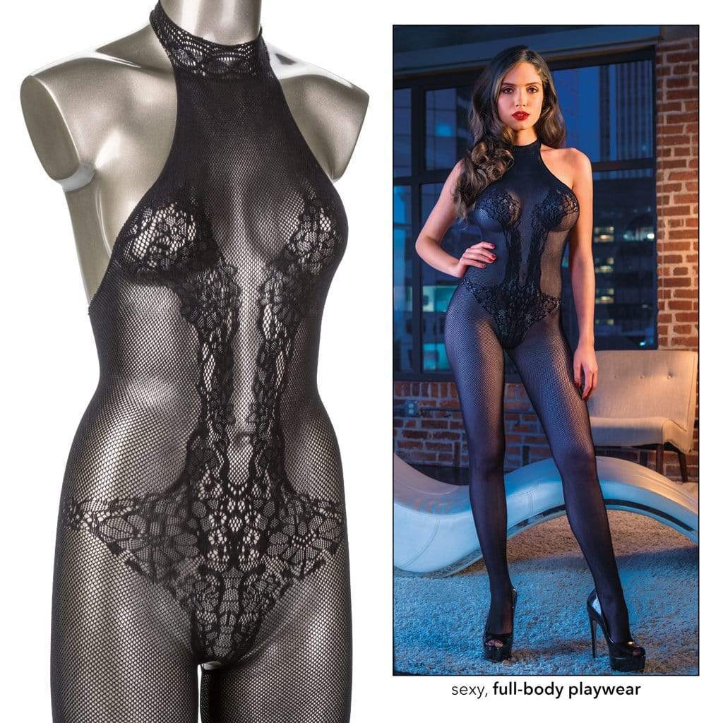 California Exotics - Scandal Halter Lace Body Suit Costume O/S (Black) - Costumes Durio.sg
