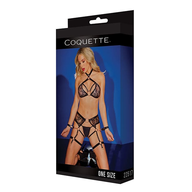Coquette - Label Strappy Detail Halter Top with Crotchless Panty Garters and Restraints Costume O/S (Black) - Costumes Durio.sg