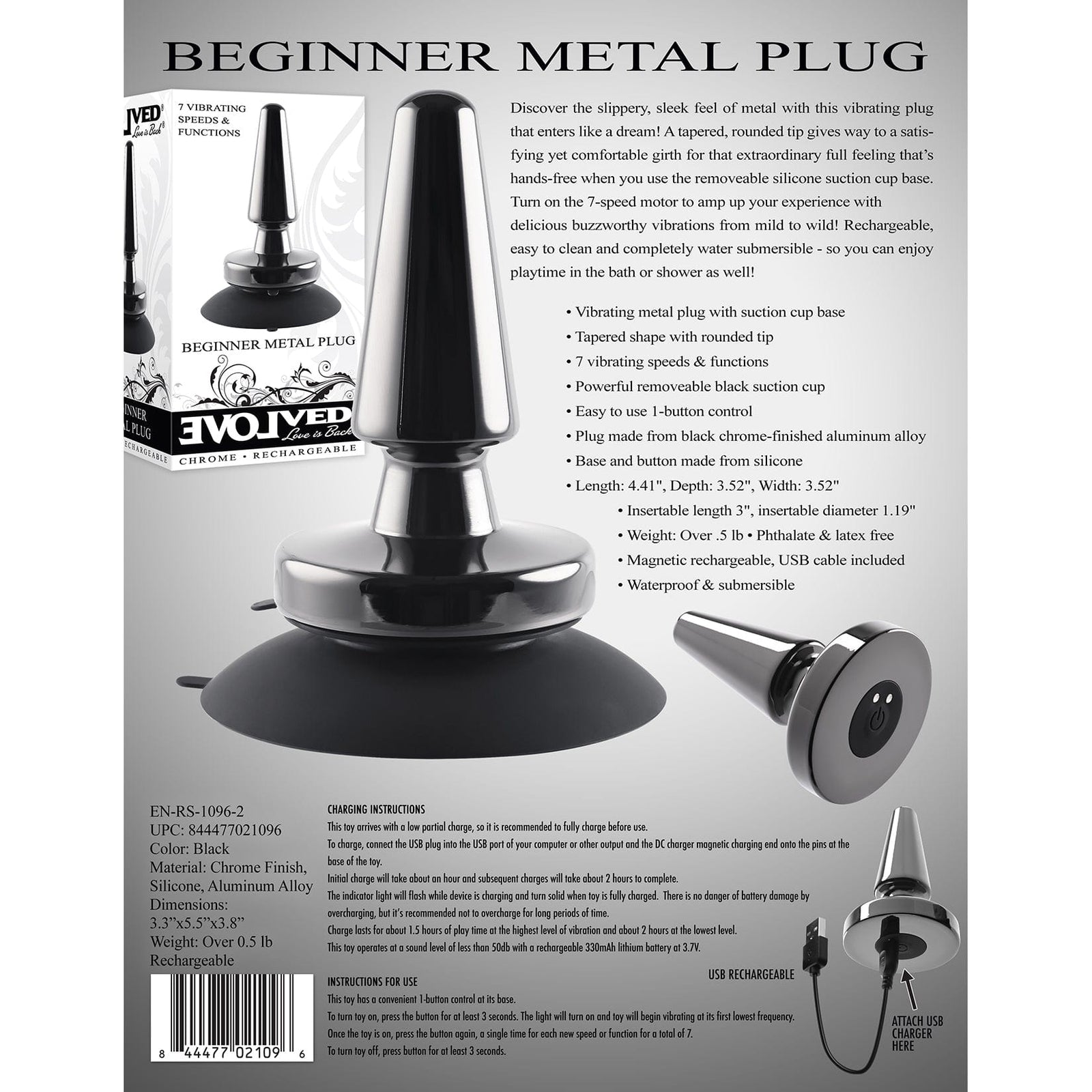 Evolved - Beginners Vibrating Metal Anal Plug with Suction Cup (Black) - Metal Anal Plug (Vibration) Rechargeable Durio.sg