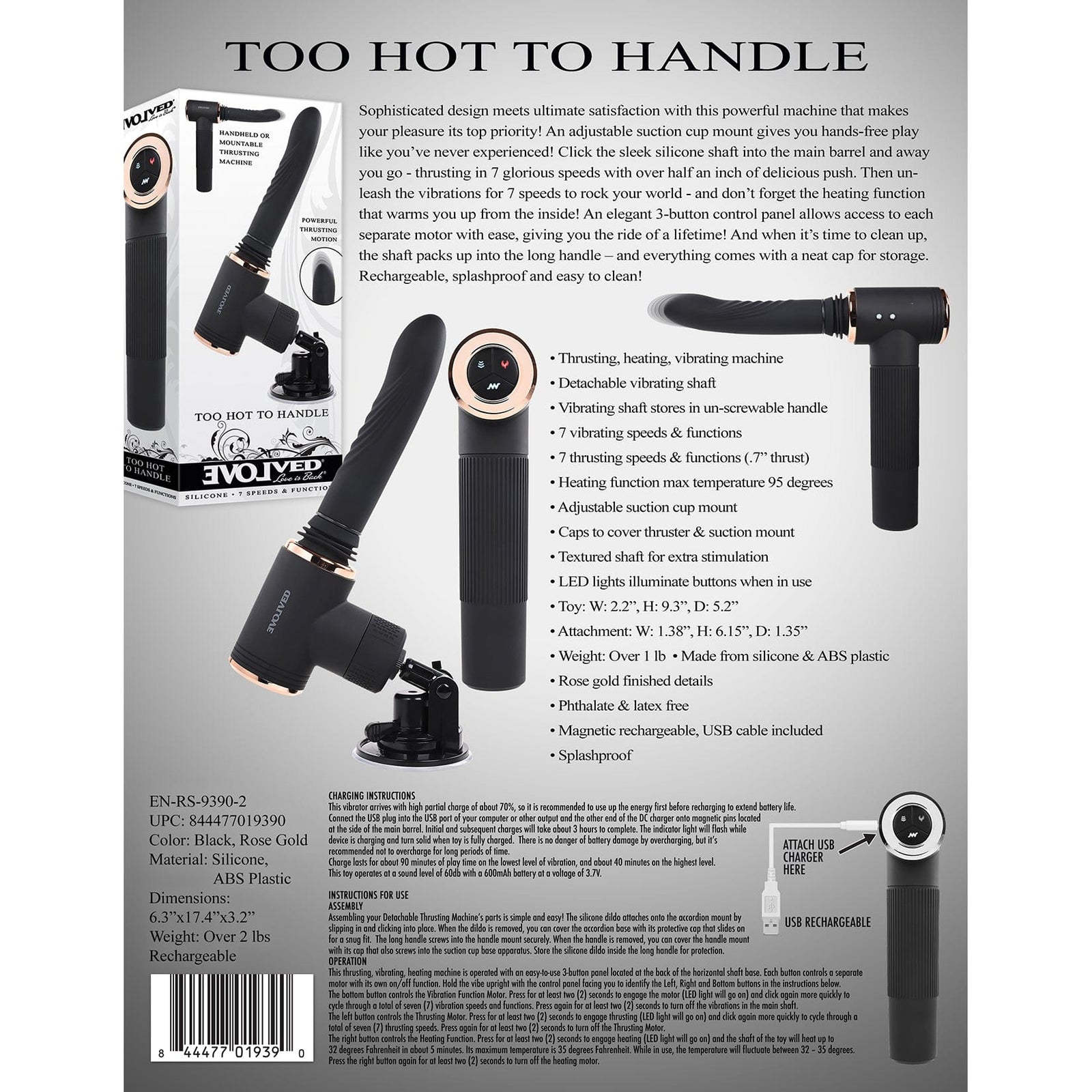 Evolved - Too Hot to Handle Mountable Thrusting Sex Machine (Black) - Non Realistic Dildo w/o suction cup (Vibration) Rechargeable Durio.sg