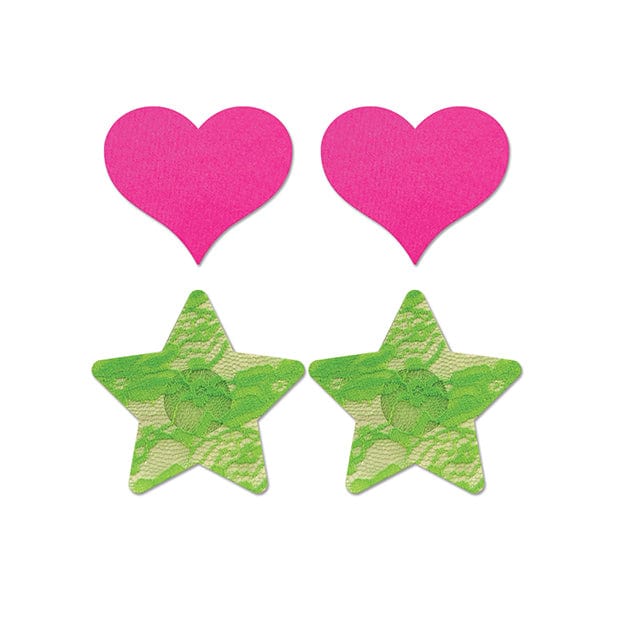 Fantasy Lingerie - Fashion Pasties Set Pack of 2 UV Reactive Neon Heart and Lace Star Pasties O/S (Green/Pink) - Costumes Durio.sg