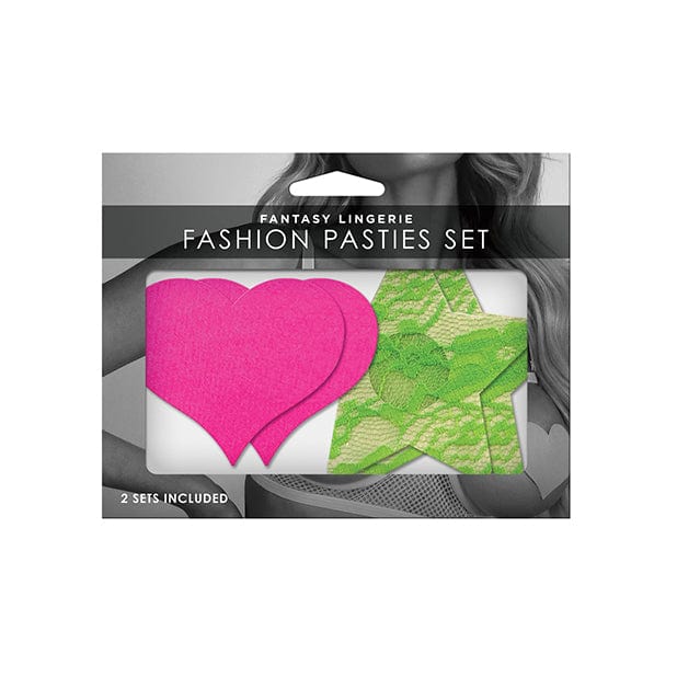 Fantasy Lingerie - Fashion Pasties Set Pack of 2 UV Reactive Neon Heart and Lace Star Pasties O/S (Green/Pink) - Costumes Durio.sg