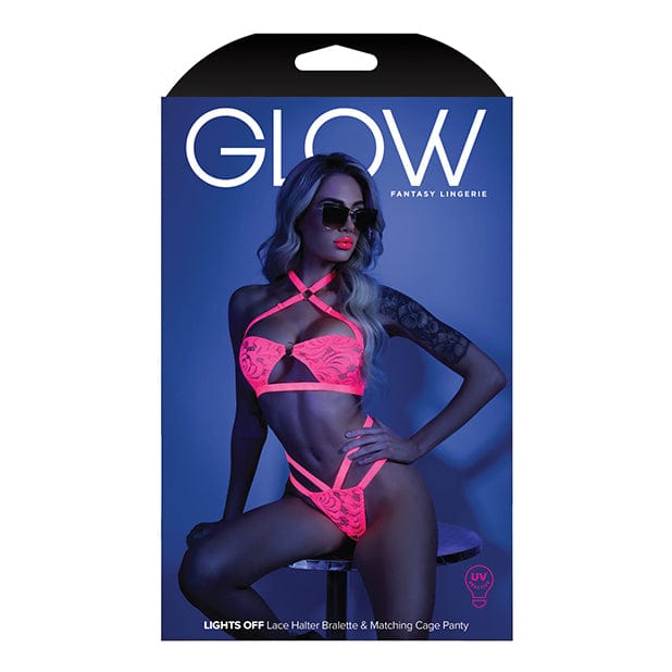 Fantasy Lingerie - Glow Light Lights Off Lace Halter Bandeau Bralette with Cage Panty Lingerie Set M/L (Neon Pink) - Lingerie Set Durio.sg