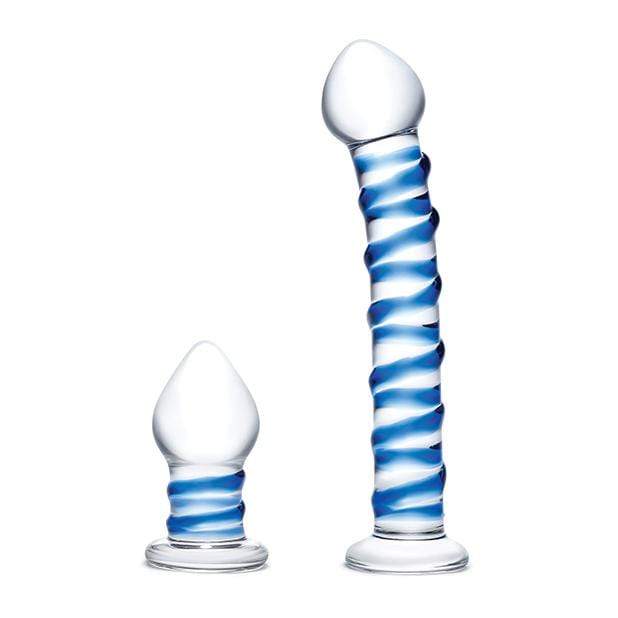 Glas - 2 Pc Double Penetration Glass Swirly Dildo and Butt Plug Set (Clear) - Glass Dildo (Non Vibration) Durio.sg