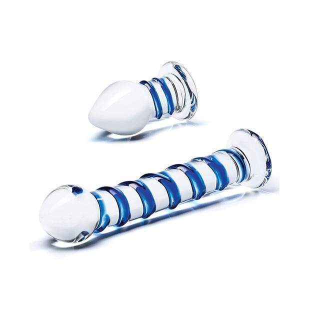 Glas - 2 Pc Double Penetration Glass Swirly Dildo and Butt Plug Set (Clear) - Glass Dildo (Non Vibration) Durio.sg
