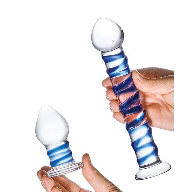Glas - 2 Pc Double Penetration Glass Swirly Dildo and Butt Plug Set (Clear) - Glass Dildo (Non Vibration) Durio.sg