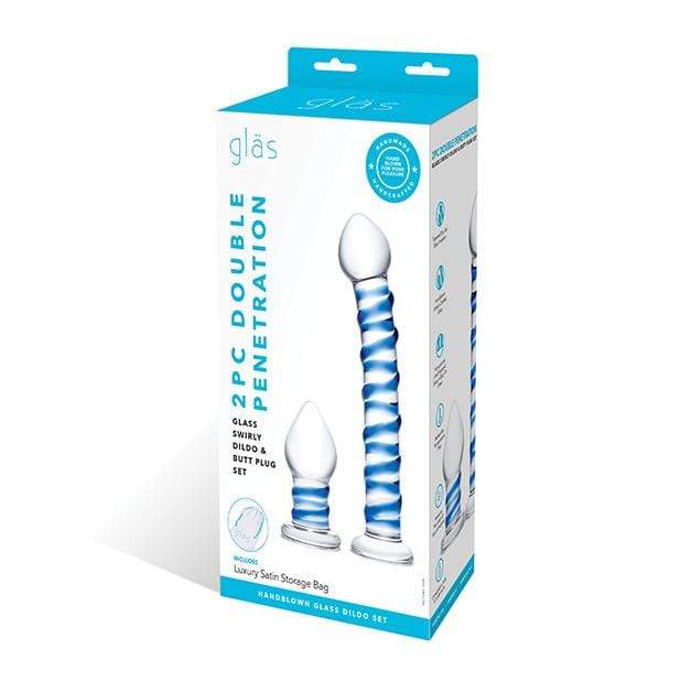 Glas - 2 Pc Double Penetration Glass Swirly Dildo and Butt Plug Set (Clear) - Glass Dildo (Non Vibration) Durio.sg