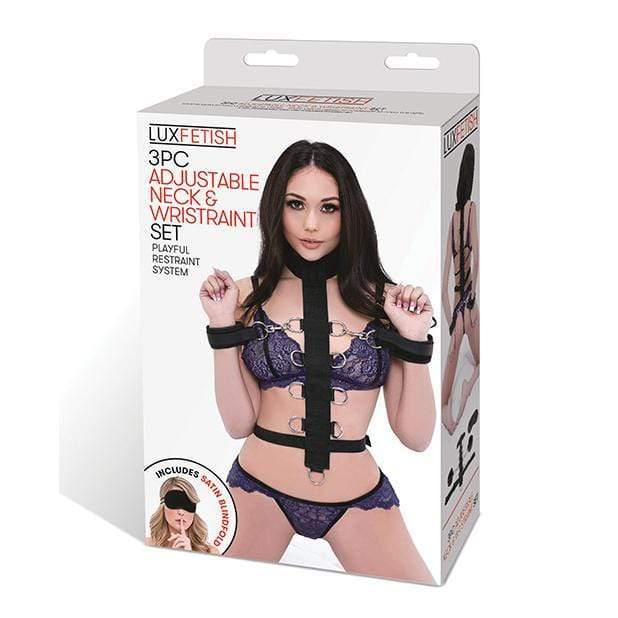 Lux Fetish - 3 pc Adjustable Neck and Wristraint Set (Black) - Hand/Leg Cuffs Durio.sg