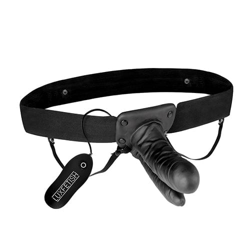 Lux Fetish - Unisex Vibrating Hollow Double Penetration Strap On Dildo (Black) - Strap On with Hollow Dildo for Male (Vibration) Non Rechargeable Durio.sg