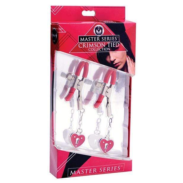 Master Series - Crimson Tied Collection Charmed Heart Padlock Nipple Clamps (Red) - Nipple Clamps (Non Vibration) Durio.sg