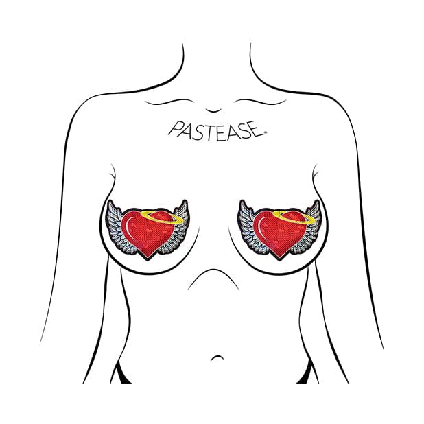 Pastease - Premium Angel Glitter Heart with Wings and Halo Pasties Nipple Covers O/S (Red) - Nipple Covers Durio.sg
