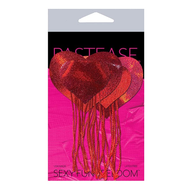 Pastease - Tassel Holographic Heart Pasties Nipple Covers O/S (Red) - Nipple Covers Durio.sg