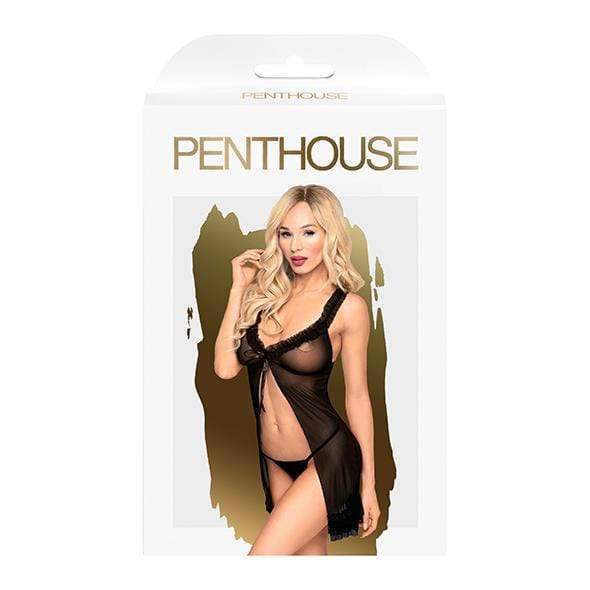 Penthouse - After Sunset Ruffle Babydoll with Thong Chemise L/XL (Black) - Chemises Durio.sg