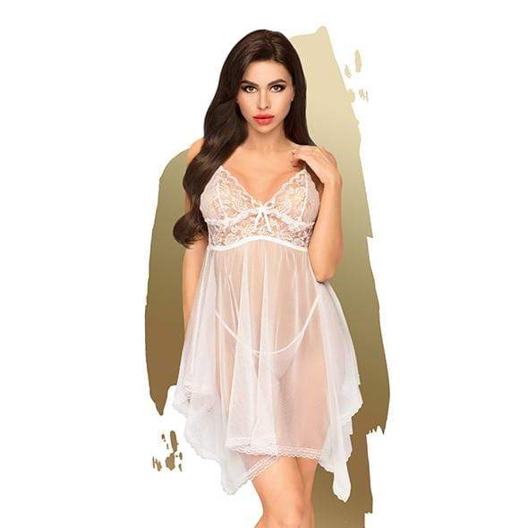 Penthouse - Naughty Doll Lace Babydoll with Thong Chemise L/XL (White) - Chemises Durio.sg