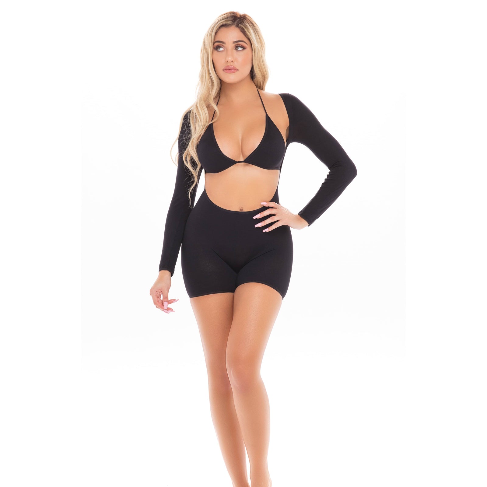 Pink Lipstick - Knockout 2Pc Playsuit Costume Set O/S (Black) - Bodysuits Durio.sg