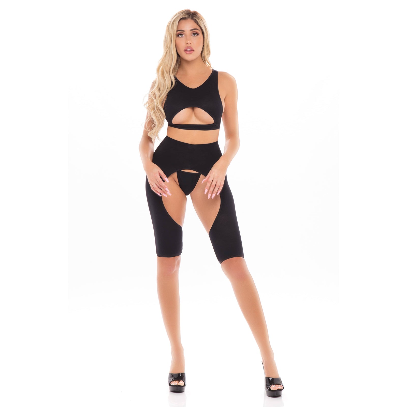 Pink Lipstick - Leg Up 3Pc Short Lingerie Set O/S (Black) - Lingerie Set Durio.sg