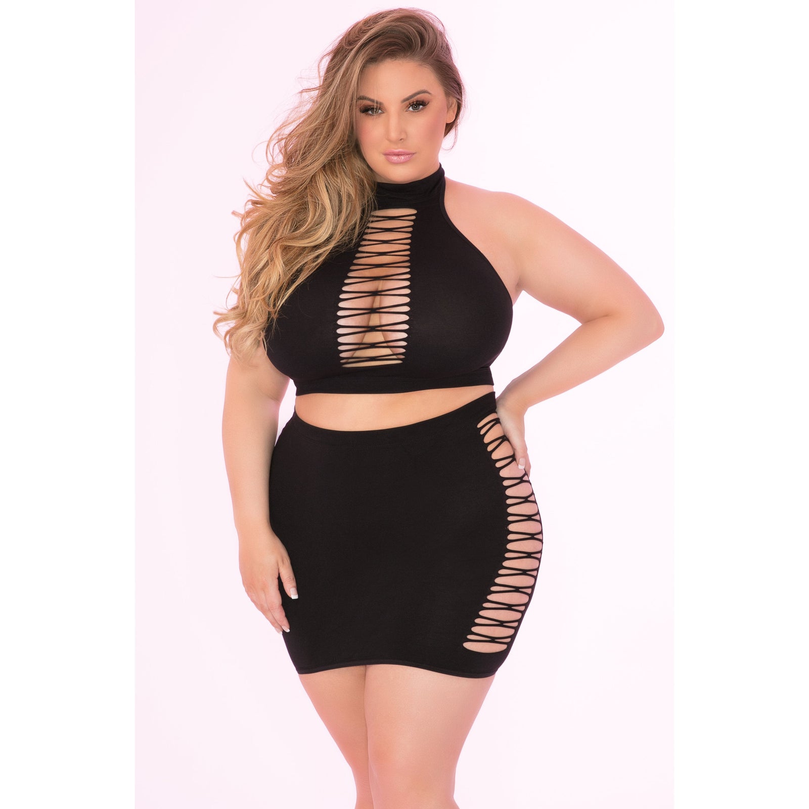 Pink Lipstick - Pair Down 2 Pieces High Neck Set Costume Queen (Black) - Dresses Durio.sg