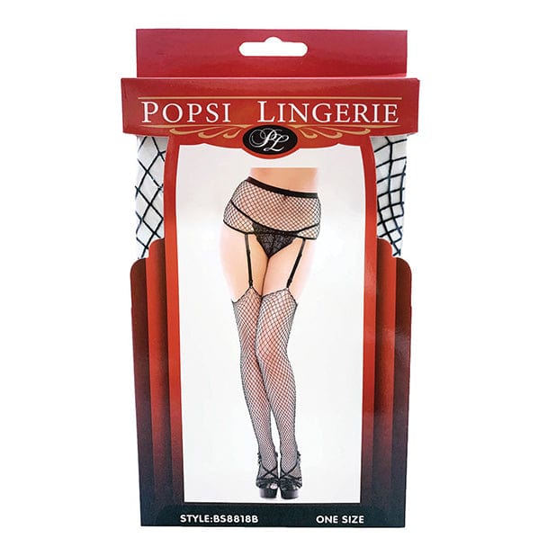 Popsi Lingerie - Black Diamond Net Thigh High Garter Pantyhose Stockings O/S (Black) - Stockings Durio.sg