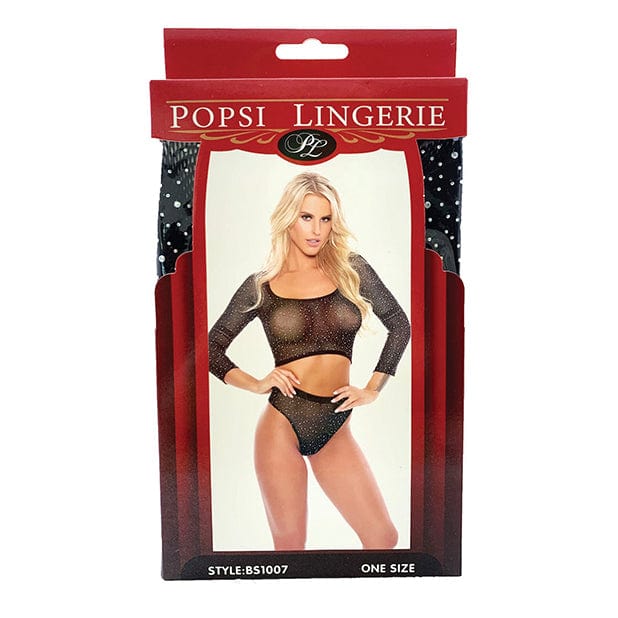 Popsi Lingerie - Rhinestone Crop Top with High Waist Panty Costume O/S (Black) - Costumes Durio.sg