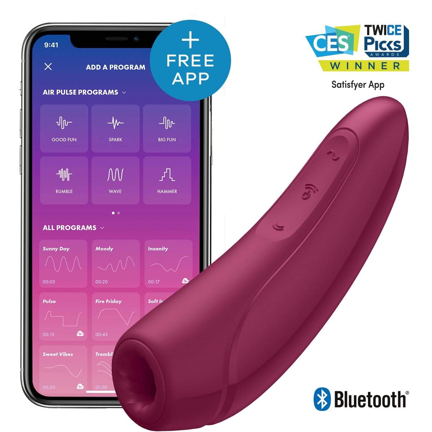 Satisfyer - Curvy 1+ App-Controlled Air Pulse Stimulator Vibrator (Rose Red) - Clit Massager (Vibration) Rechargeable Durio.sg