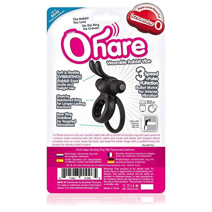 TheScreamingO - Ohare Rabbit Vibrating Cock Ring (Black) - Silicone Cock Ring (Vibration) Non Rechargeable Durio.sg