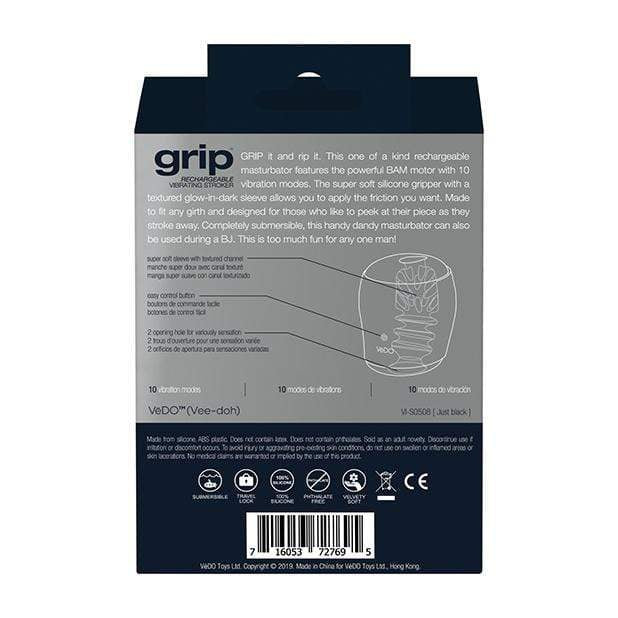 VeDO - Grip Rechargeable Vibrating Soft Stroker (Just Black) - Masturbator Soft Stroker (Vibration) Rechargeable Durio.sg