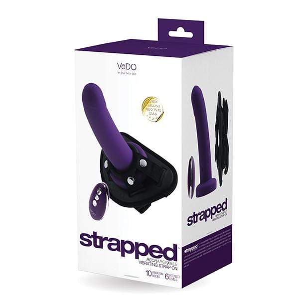 VeDO - Strapped Rechargeable Vibrating Strap On Dildo (Deep Purple) - Strap On with Dildo for Reverse Insertion (Vibration) Rechargeable Durio.sg