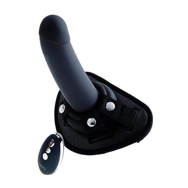 VeDO - Strapped Rechargeable Vibrating Strap On Dildo (Just Black) - Strap On with Dildo for Reverse Insertion (Vibration) Rechargeable Durio.sg