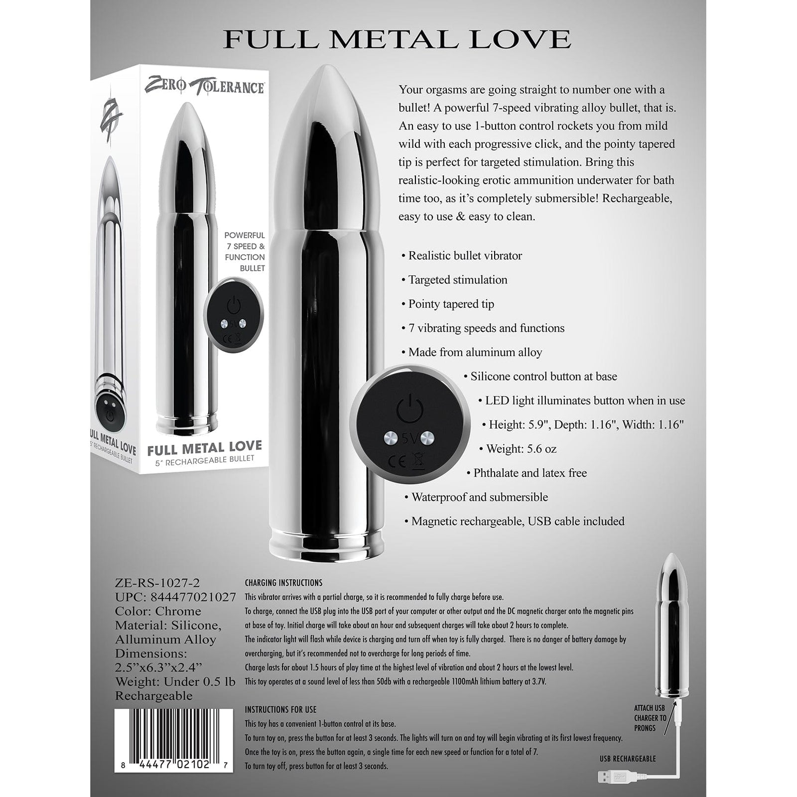 Zero Tolerance - Full Metal Love Rechargeable Bullet Vibrator (Silver) - Bullet (Vibration) Rechargeable Durio.sg