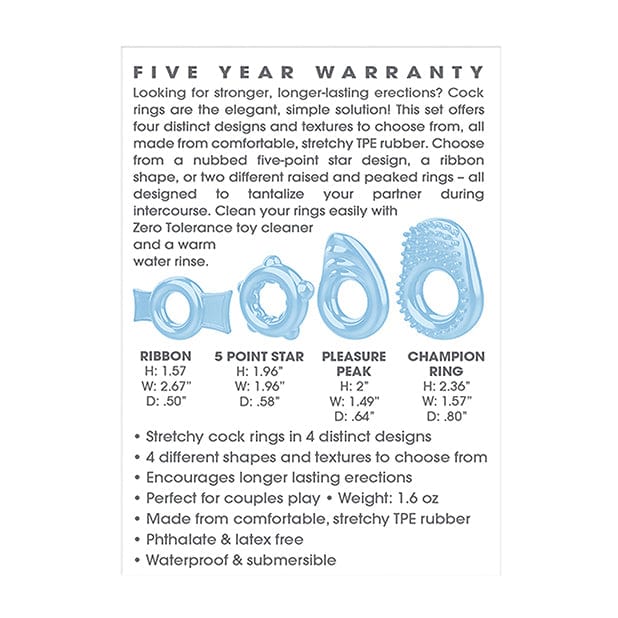 Zero Tolerance - Ring a Ding Ding Set of 4 Textured Cock Rings (Blue) - Rubber Cock Ring (Non Vibration) Durio.sg