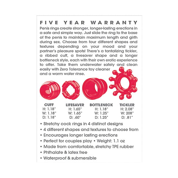 Zero Tolerance - Ring the Alarm Set of 4 Textured Cock Rings (Red) - Rubber Cock Ring (Non Vibration) Durio.sg