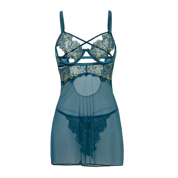Oh La La Cheri - Daphne Lace and Mesh Babydoll with Embroidered Details and Crossing Elastics (Blue) Durio.sg