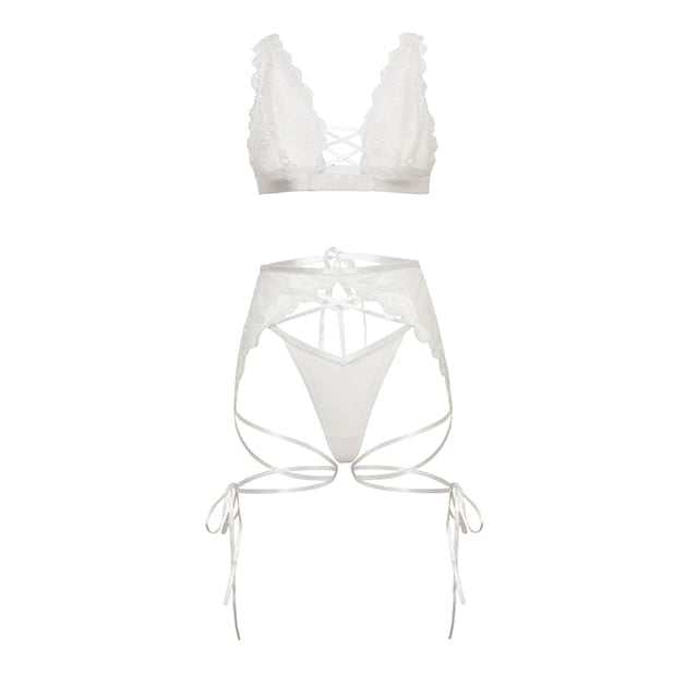 Oh La La Cheri - Naya Lace 3 pc Lingerie Set with Strap Details (White) OL1027 Durio.sg