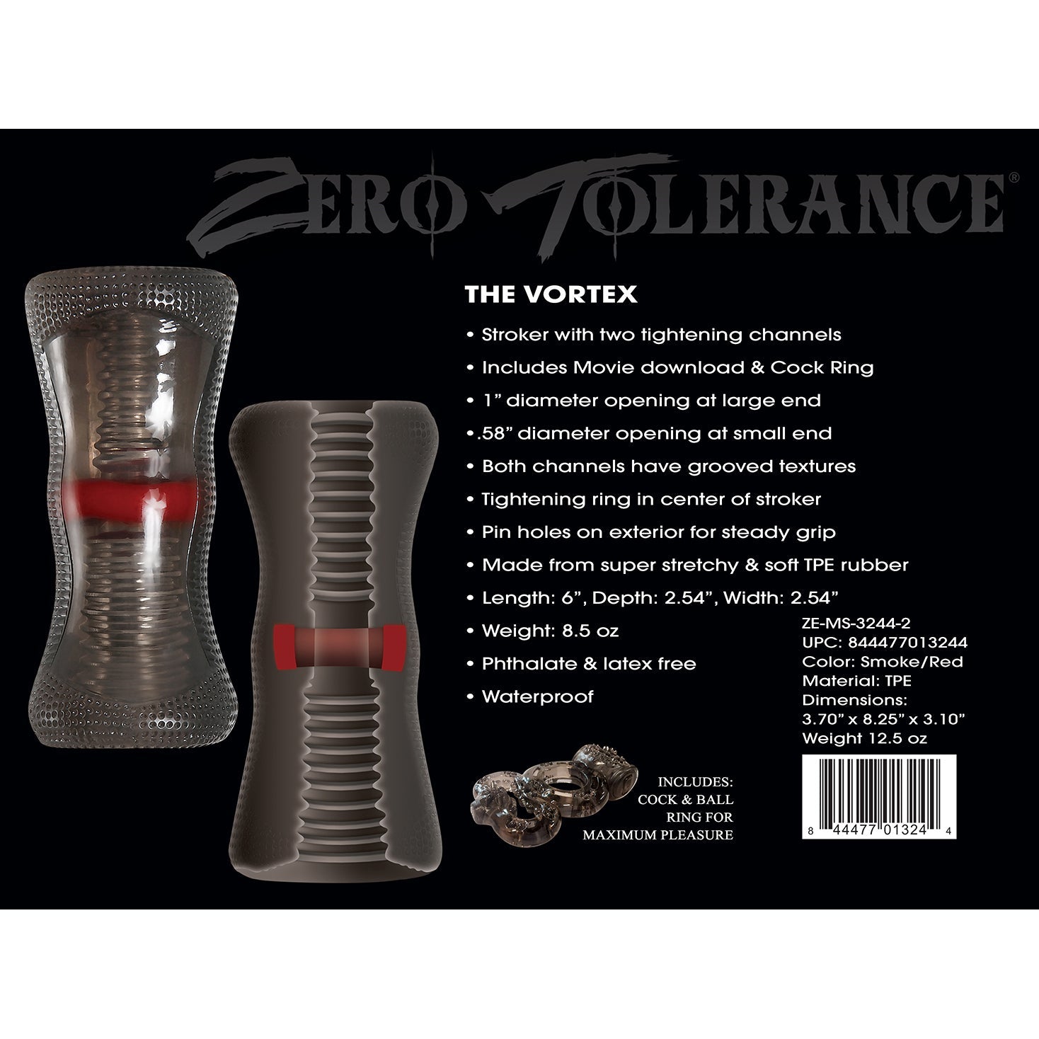 Zero Tolerance - The Vortex Soft Stroker พร้อมแหวนไก่สั่น (สีดำ)