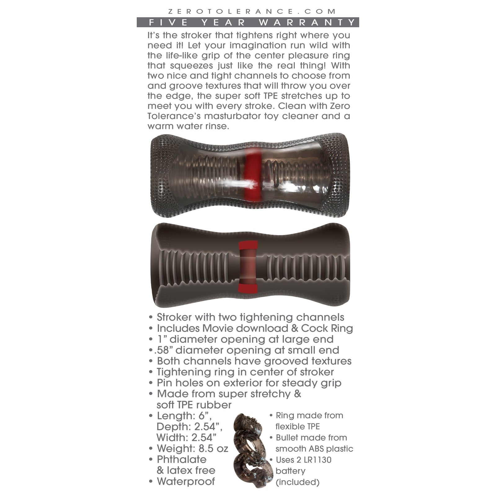 Zero Tolerance - The Vortex Soft Stroker พร้อมแหวนไก่สั่น (สีดำ)