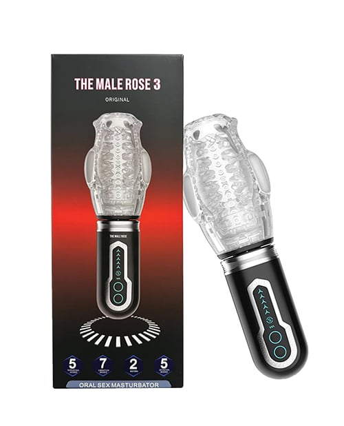 The Male Rose - 3 Thrusting, Rotating &amp; Vibrating Oral Masturbator (Black) - Black